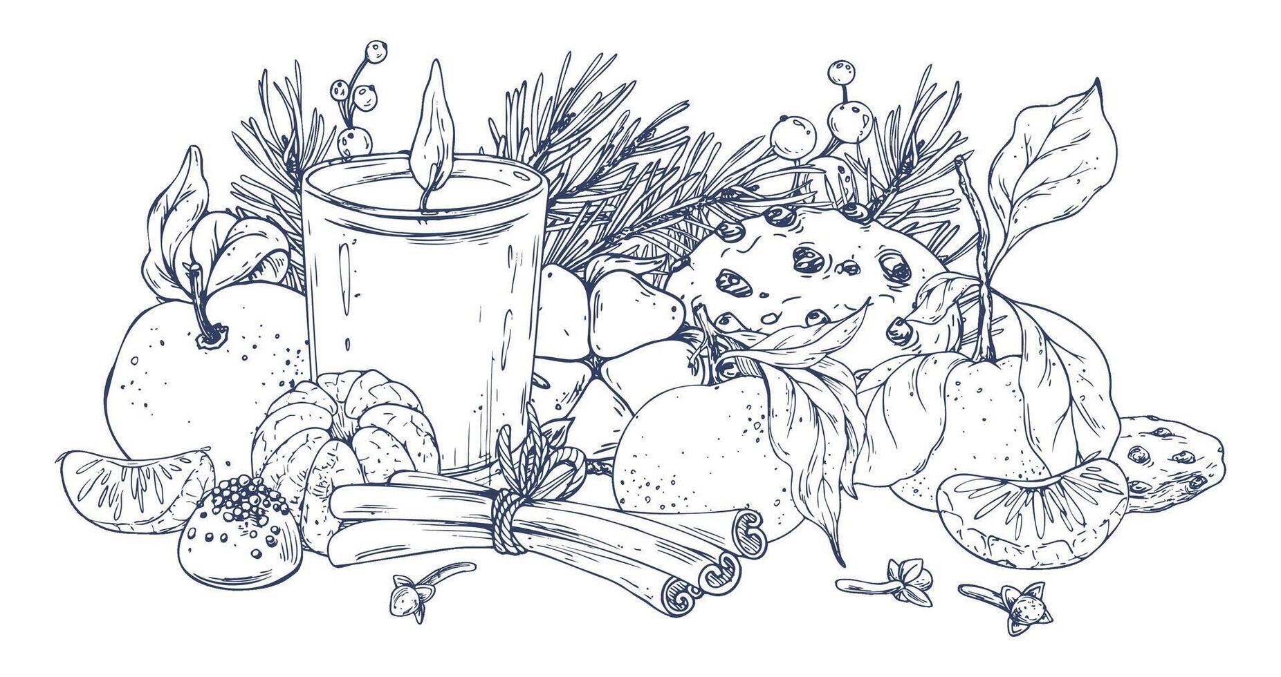 Tangerines with cotton, pine branches and cones, sweets, candle and spices. Graphic illustration hand drawn in black ink. Composition, sublimation, arrangement EPS . vector