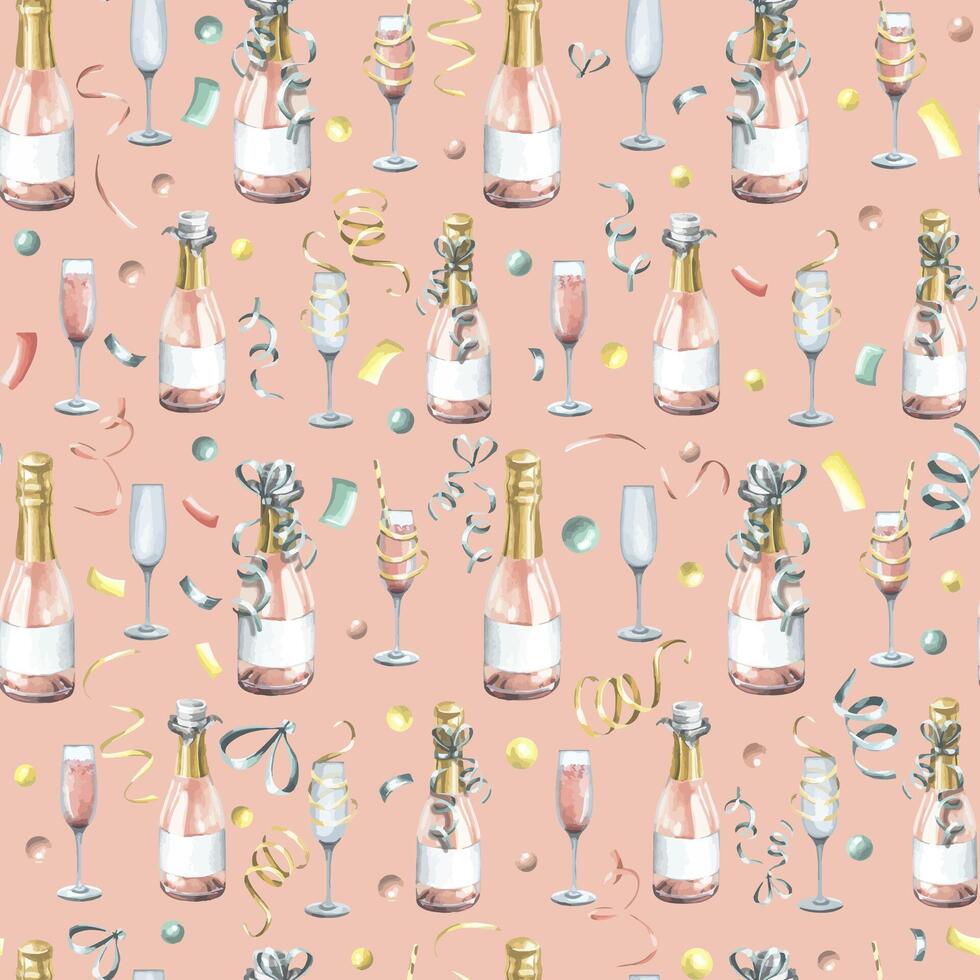 Bottles and glasses with pink champagne, festive ribbons. Watercolor illustration. Seamless pattern on a pink background from a large set of HAPPY BIRTHDAY. For congratulations and gifts. vector