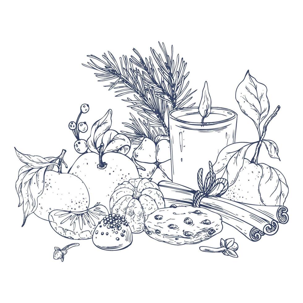 Tangerines with cotton, pine branches and cones, sweets, candle and spices. Graphic illustration hand drawn in black ink. Composition, sublimation, arrangement EPS . vector