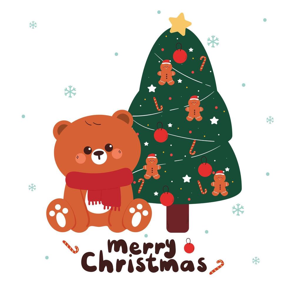 hand drawing cartoon bear with christmas tree for christmas and winter card. cute drawing with christmas element and ornament for wallpaper, background vector