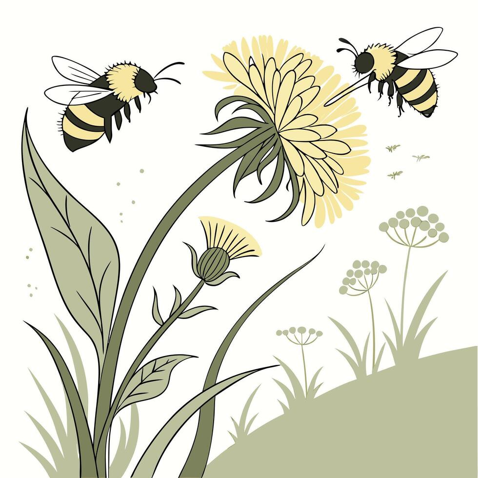 Black and Yellow Bee Honey Bee and flowers vector