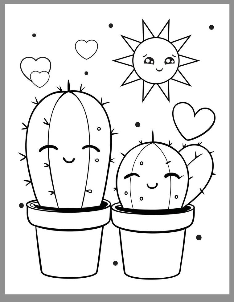 Valentine Cactus Character Coloring Pages vector