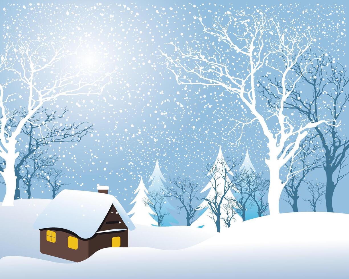 Cozy wooden cabin in a serene snowy landscape with trees and snowfall vector