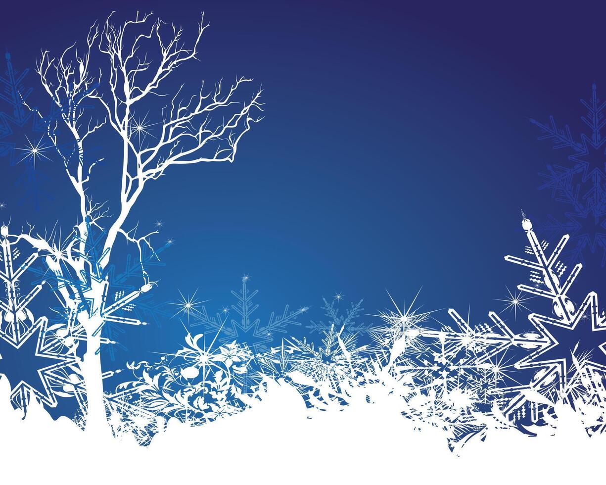 Frosty winter tree with elegant snowflakes and glowing stars on a gradient blue background vector