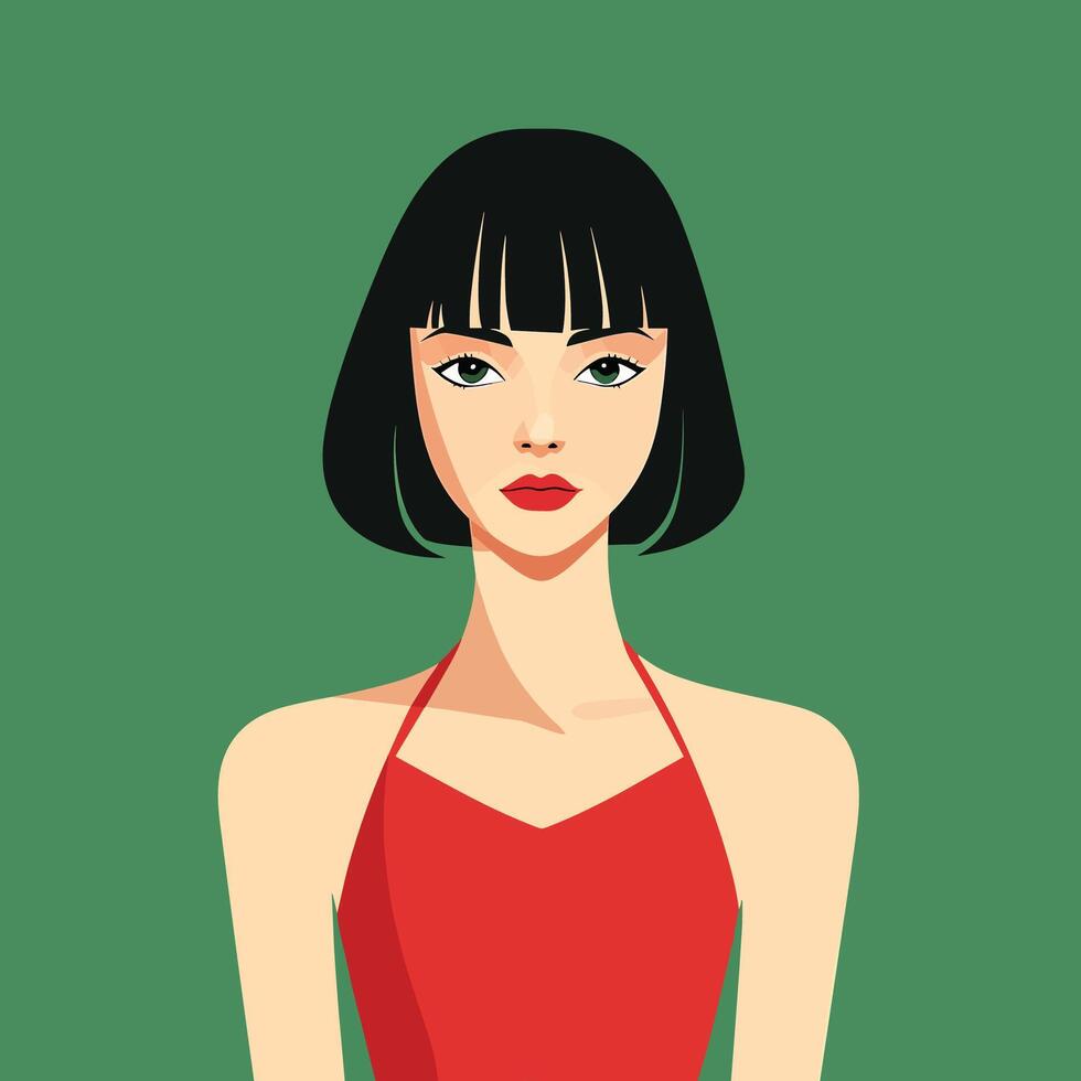 Stylish Woman with Bob Haircut and Red Dress, Green Background vector