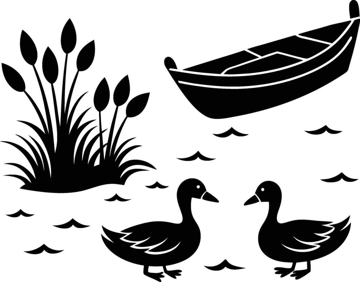 Duck with river bank silhouette illustration vector