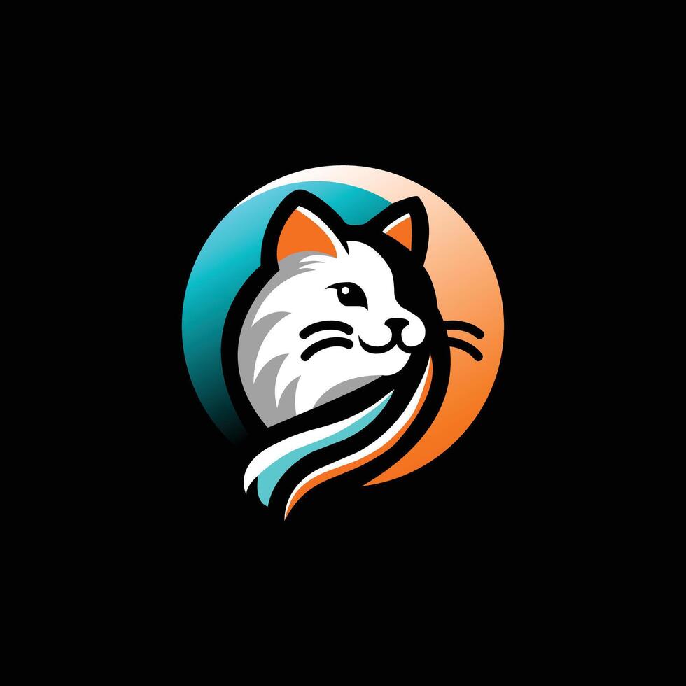An Elegant Cat Logo With A Sideways Head, Featuring White And Grey. The Circular Blue And Orange Background Adds A Modern And Charming Touch vector