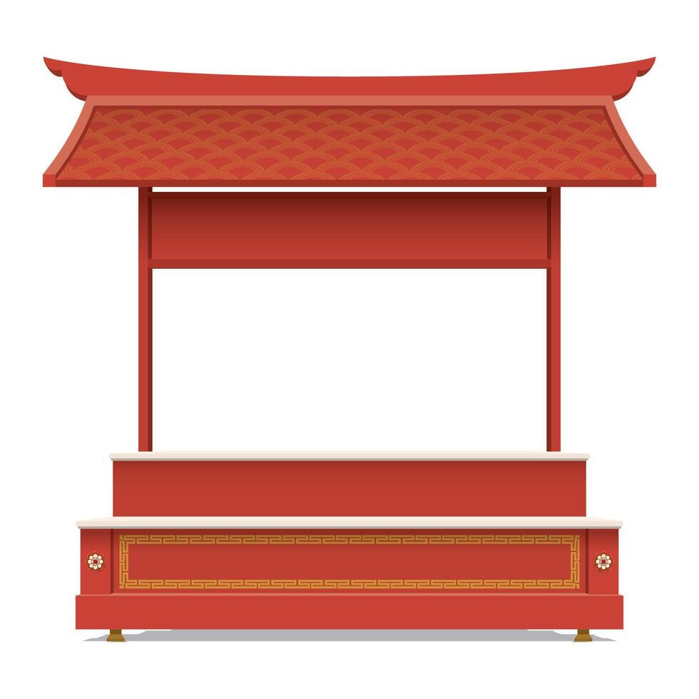 Street shop kiosk Chinese style isolated mock up with blank countertops display and blank signboard graphic illustration. Small business and street food concept. vector