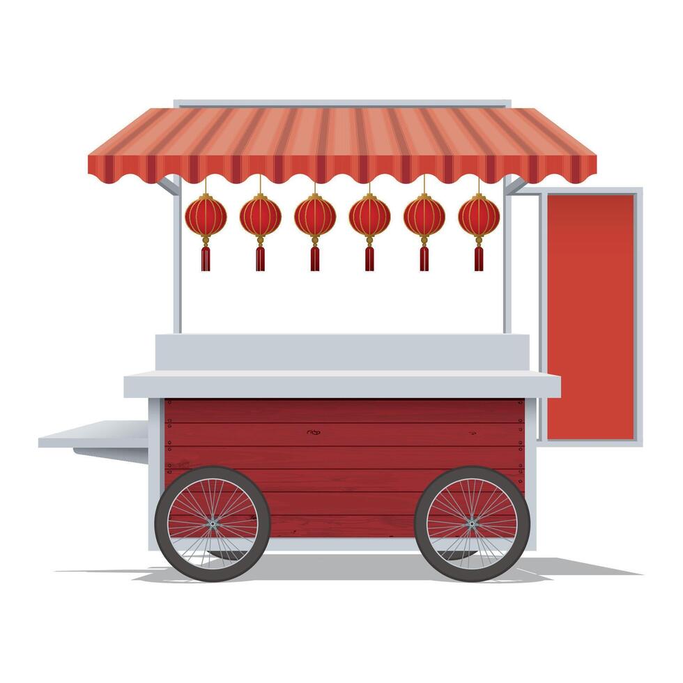 Street shop cart mock up isolated made from wooden and stainless with chinese style decoration graphic illustration have blank space for place the products presentation and blank signboard. vector