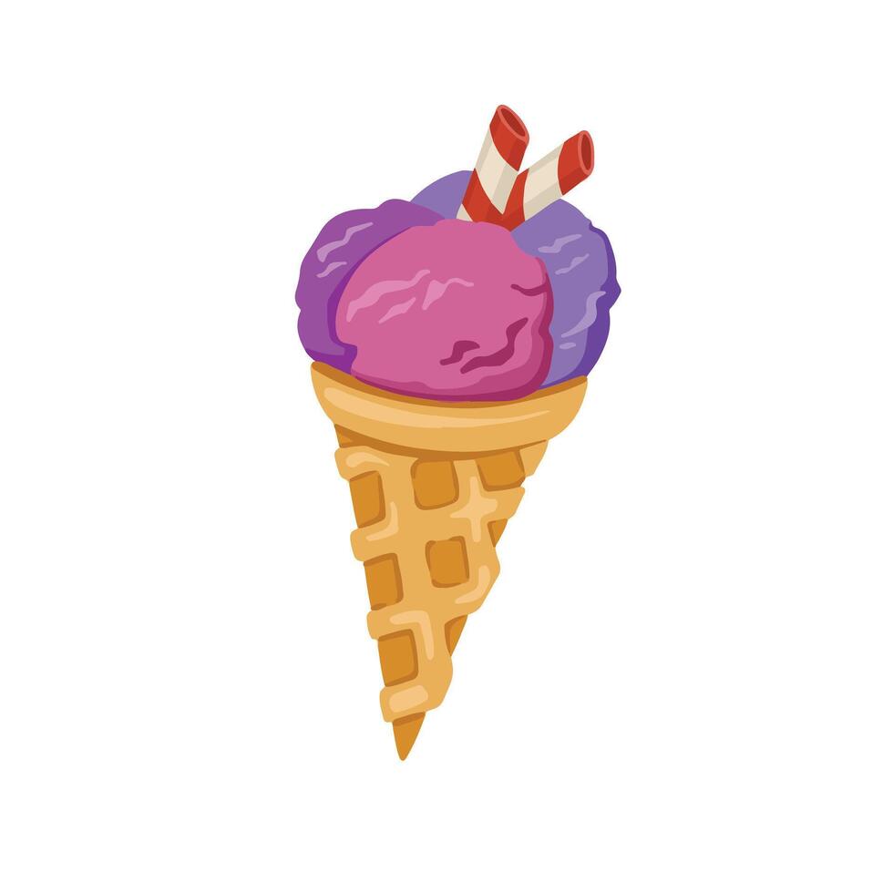 delicious waffle cone strawberry and berry ice cream scoops dessert illustration vector