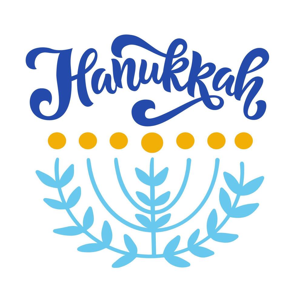 Hanukkah greeting card with hand written modern brush lettering and menorah. Jewish holiday elegant banner template vector