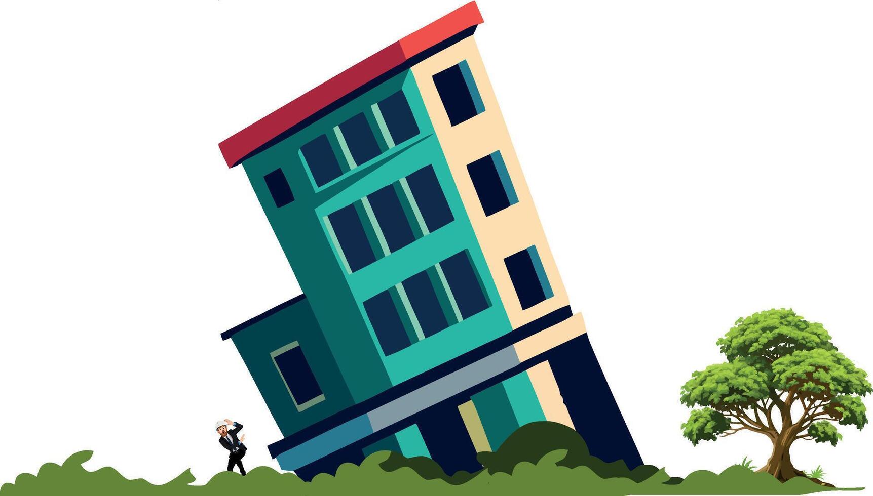 A man is standing on top of a building that is leaning over vector
