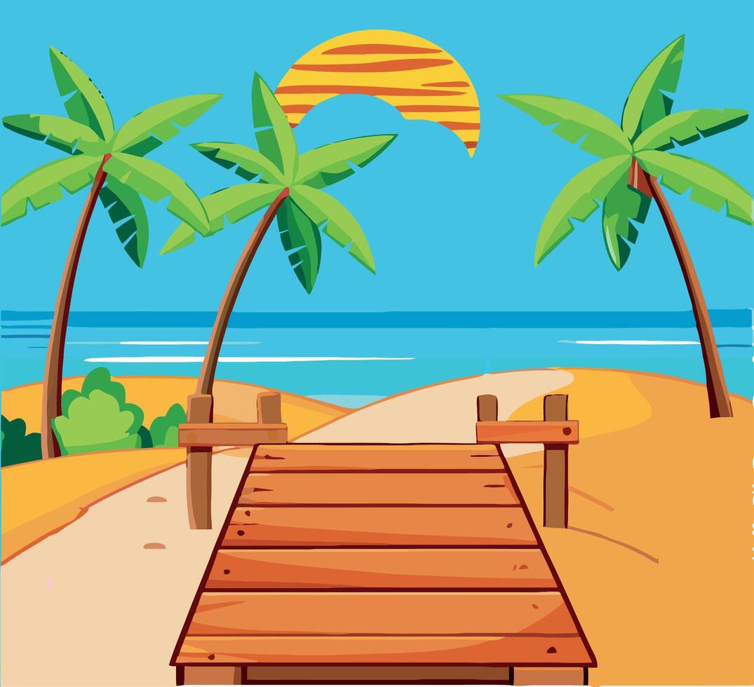 Wooden bridge over the beach with palm trees vector