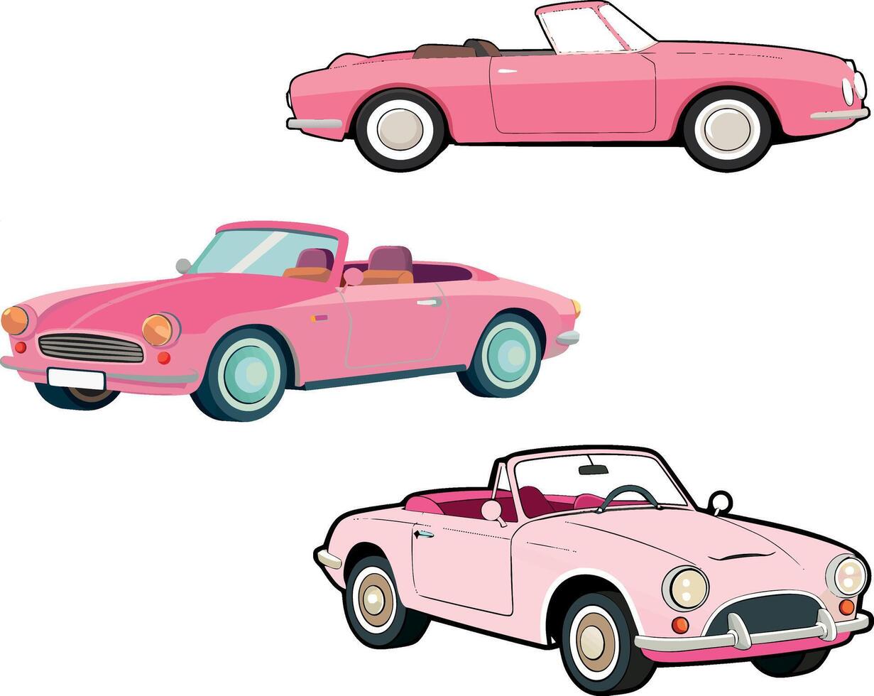 Three different types of pink cars on a white background vector