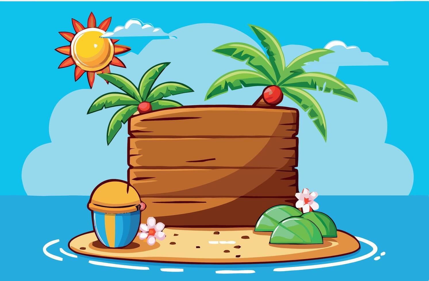 Tropical island with palm trees and a wooden sign vector