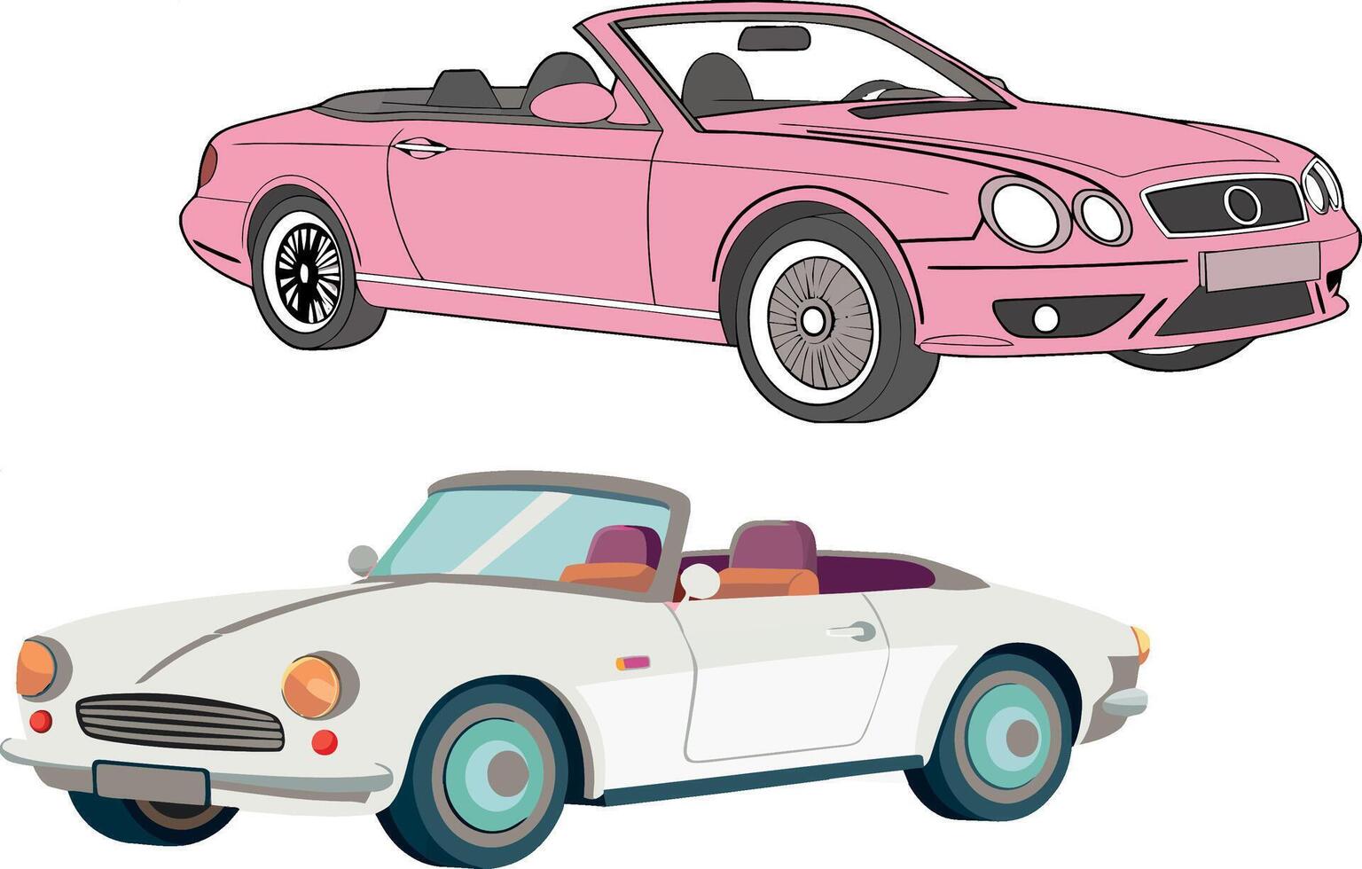 Two different types of cars, one is pink and the other is white vector