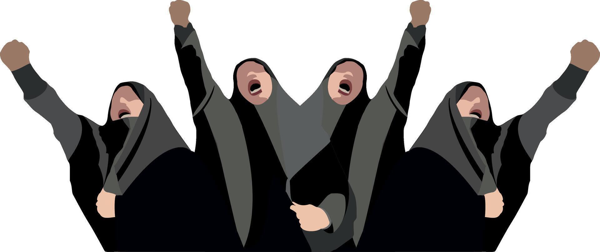 Three women in black robes with their hands up vector