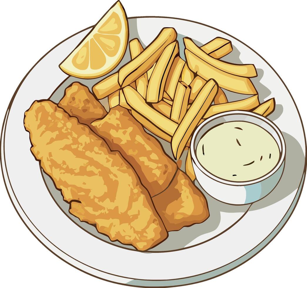 Fish and chips with dipping sauce vector