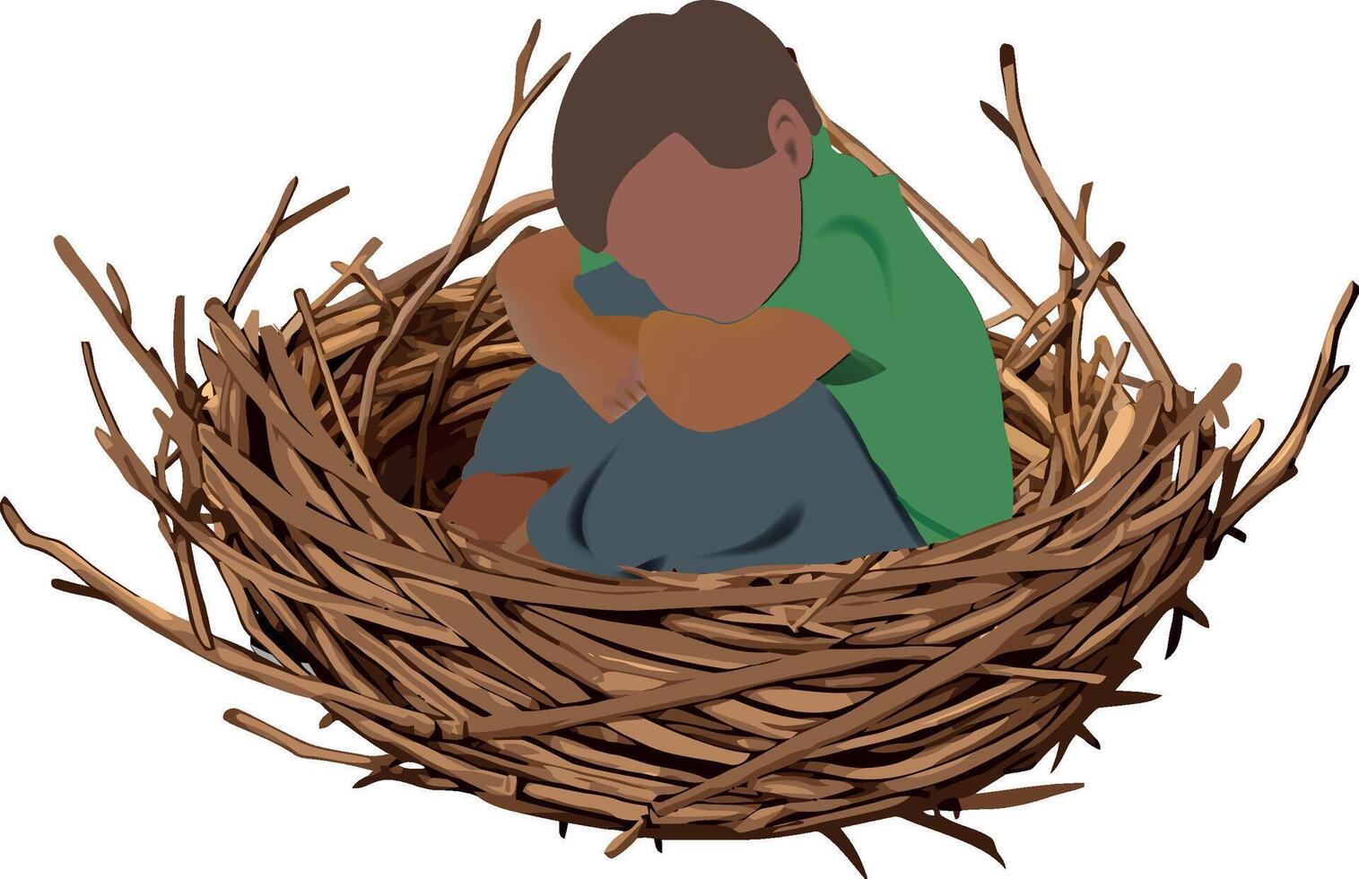 A boy is sitting in a nest with twigs vector