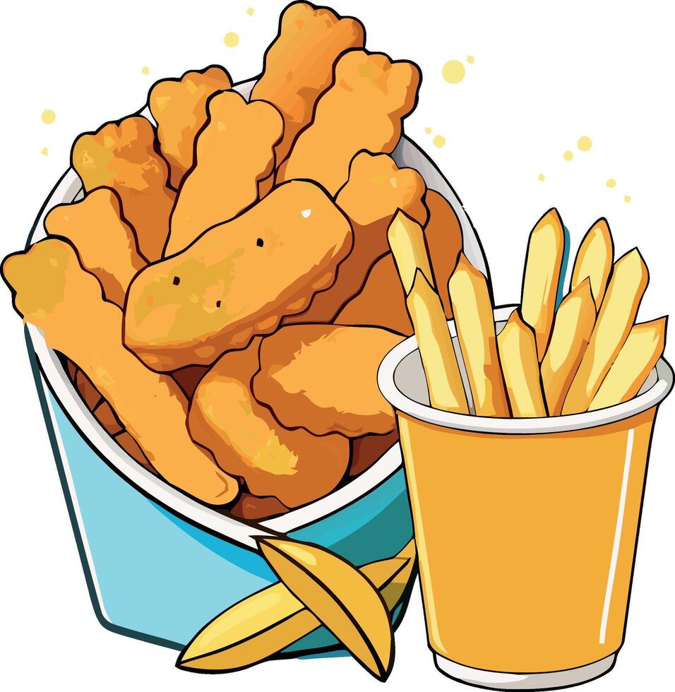 Fries and chicken nuggets in a bucket vector