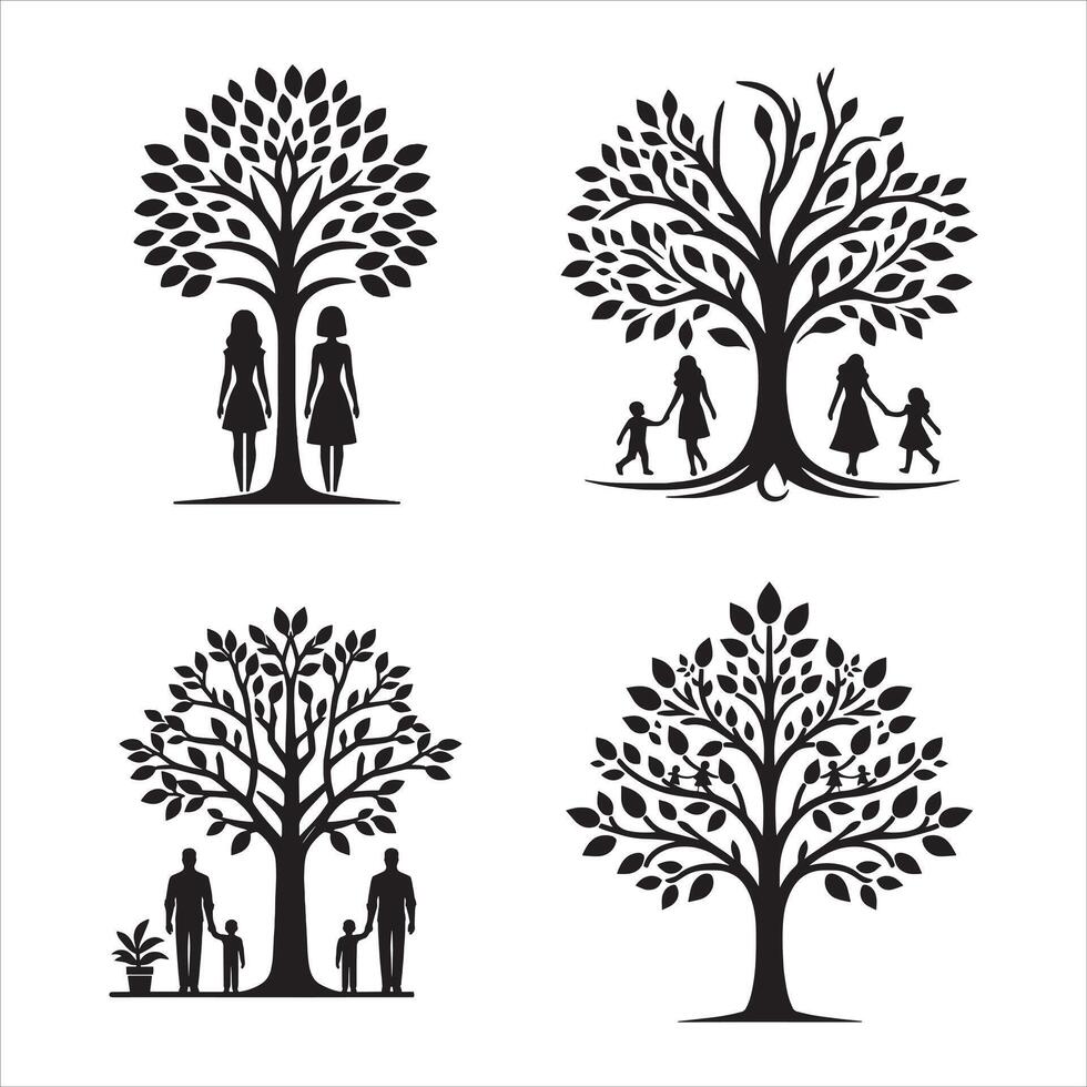 Tree of Life with human illustration in black and white vector
