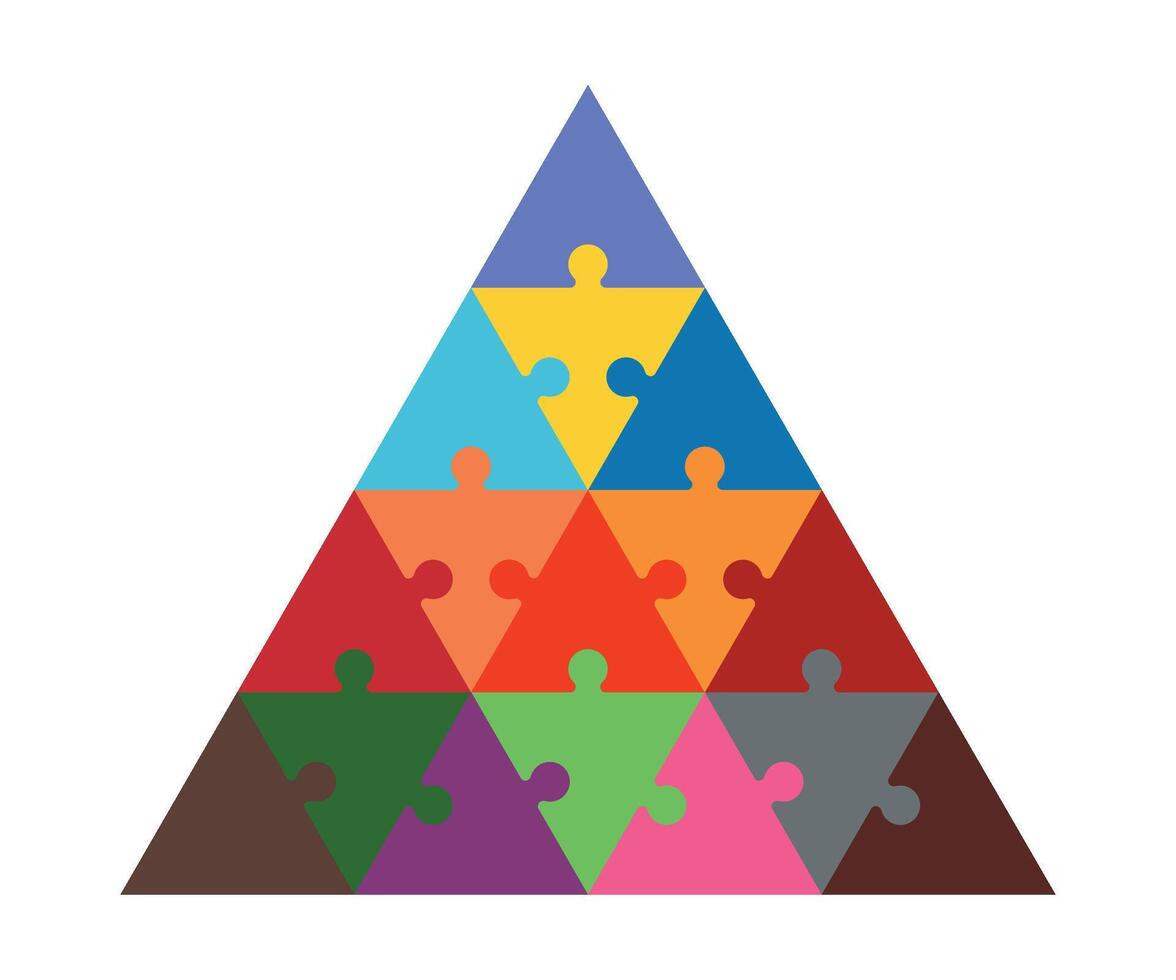 Triangle puzzle piece. Pyramid made of coloured triangular puzzle pieces. Creativity, inspiration, logical thinking. vector