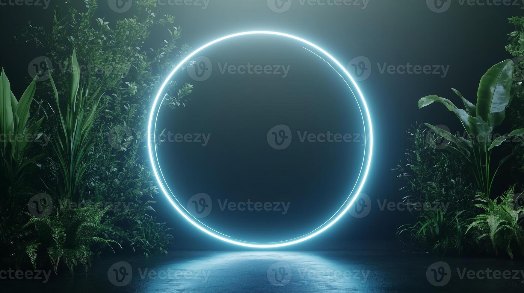 Mysterious glowing circle surrounded by lush plants in a dimly lit environment photo
