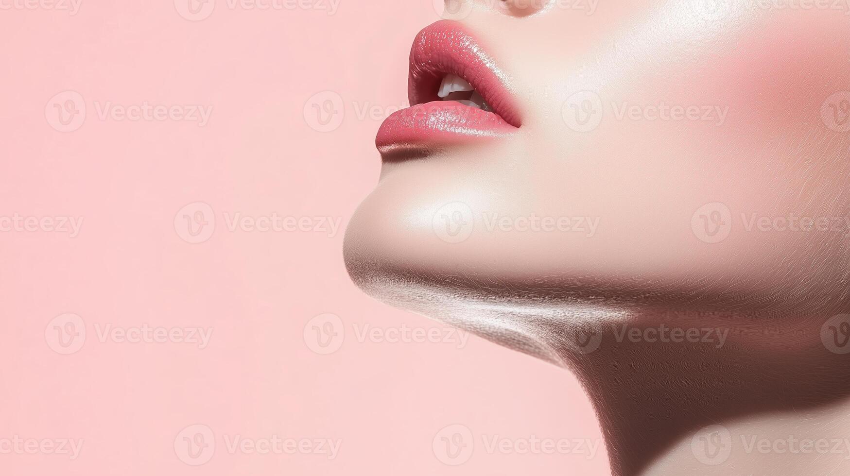 Beauty portrait showcasing smooth skin and chic lips against a soft pink background with elegant lighting photo