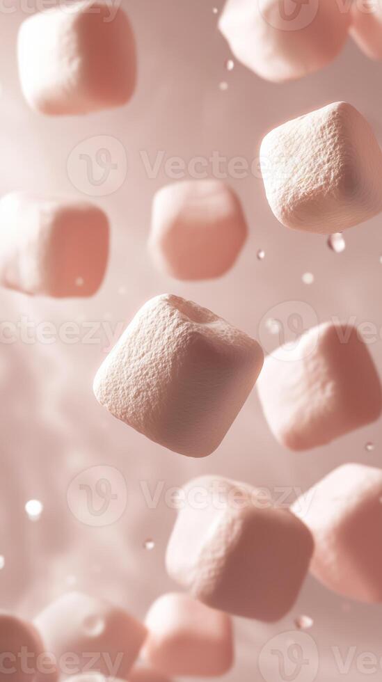 Soft pink marshmallows float in the air against a dreamy background during a sweet culinary creation process photo