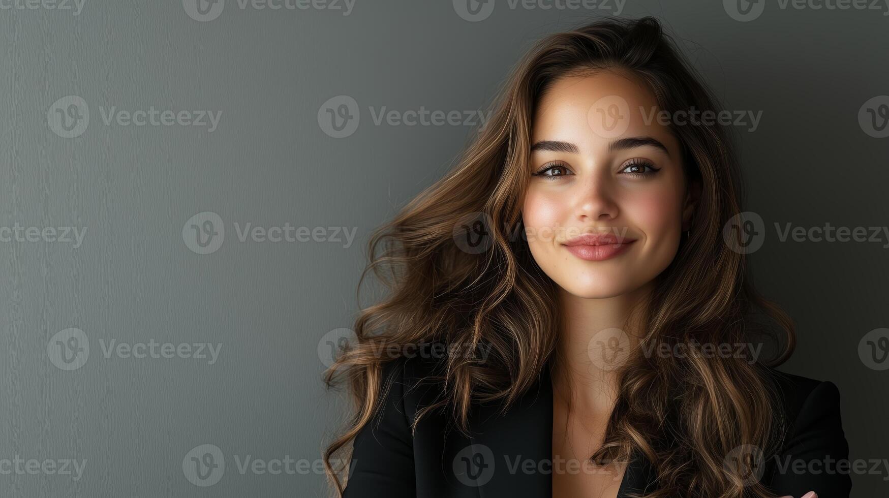 Smiling woman with long hair poses against a neutral background in a stylish outfit during a casual indoor setting photo