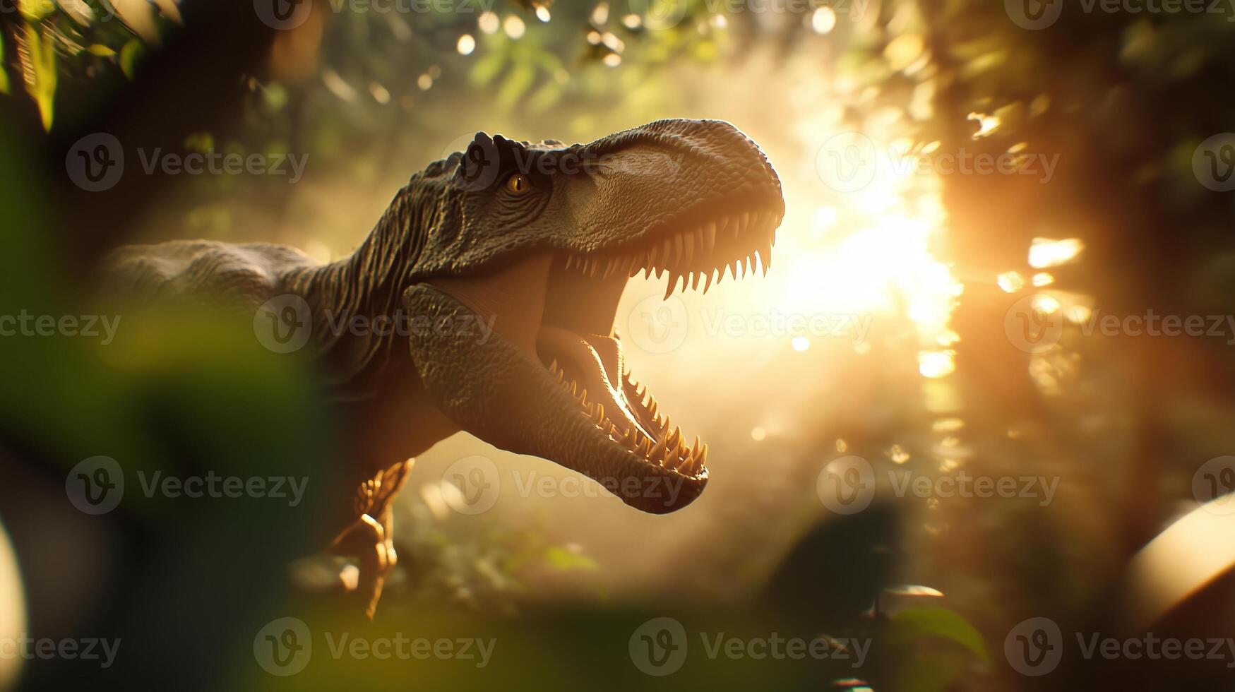 Dinosaur roams through dense jungle with sunlight filtering through leaves during early morning hours photo