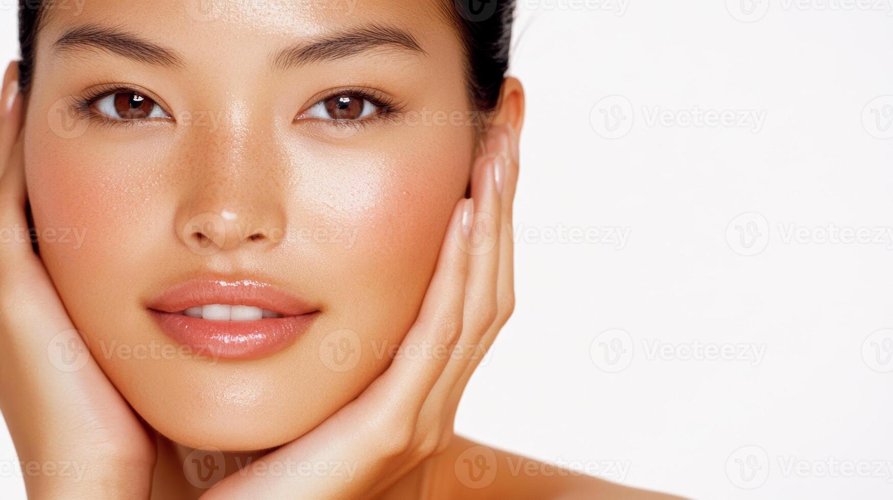 Beautiful woman with glowing skin gently touching her face while smiling in a soft-lit studio background photo