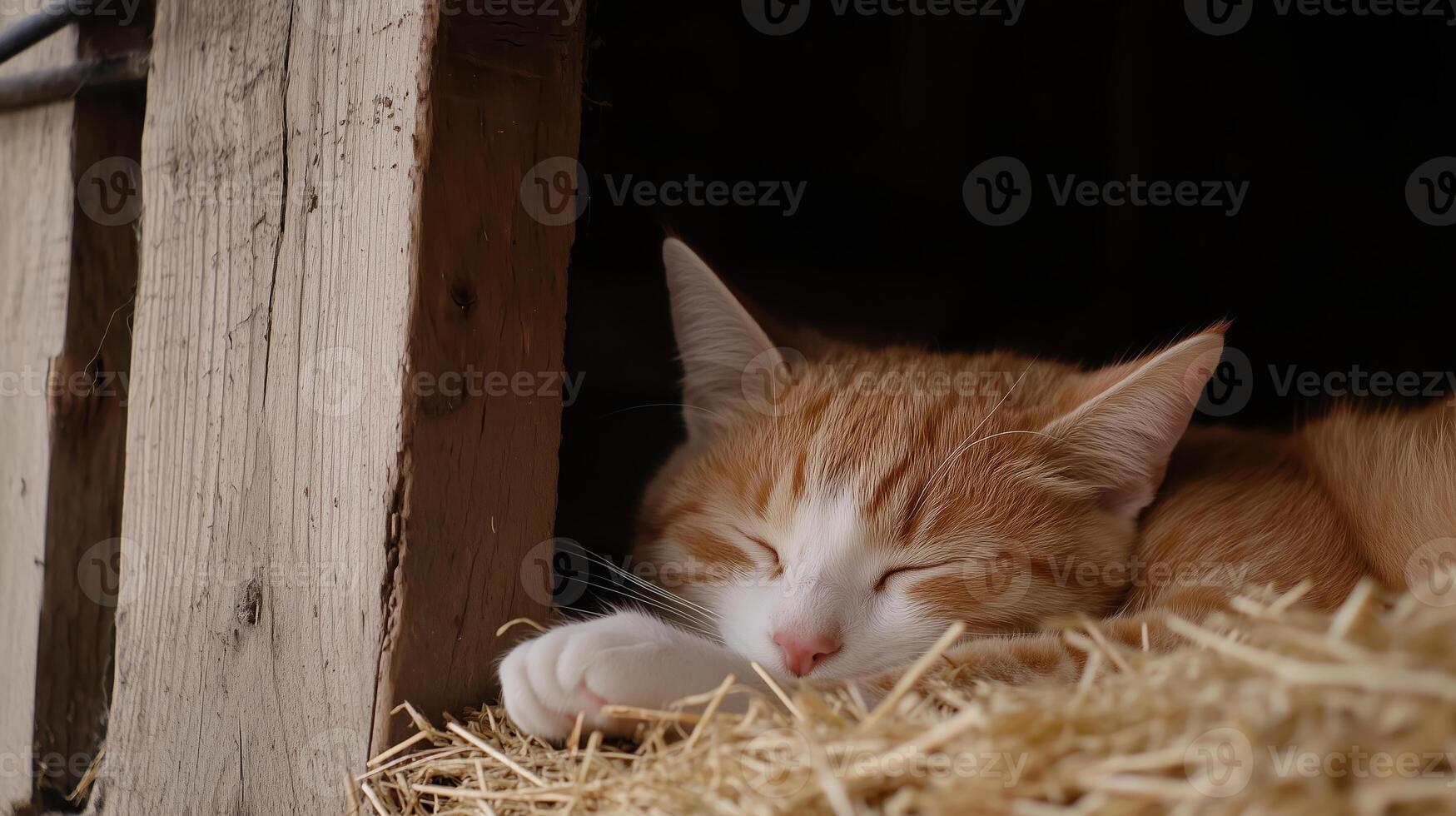 Cat peacefully sleeping in a rustic barn surrounded by straw during a sunny afternoon photo