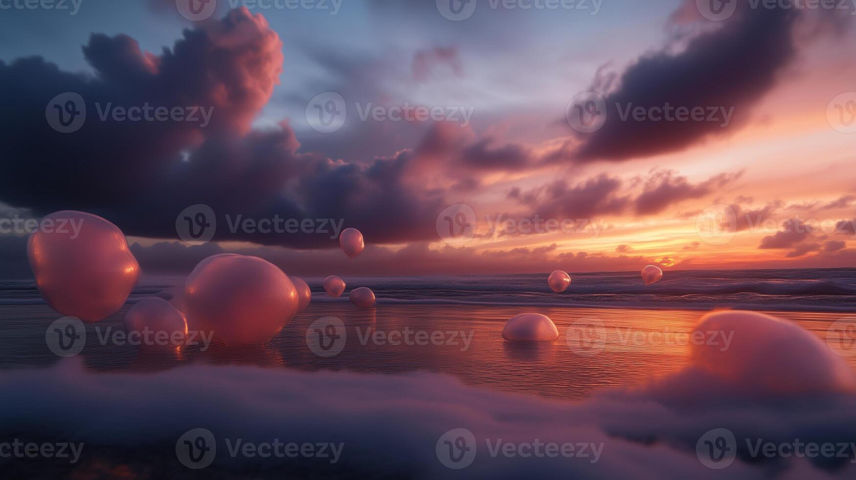 Ethereal bubbles floating over a serene ocean at sunset creating a surreal landscape photo
