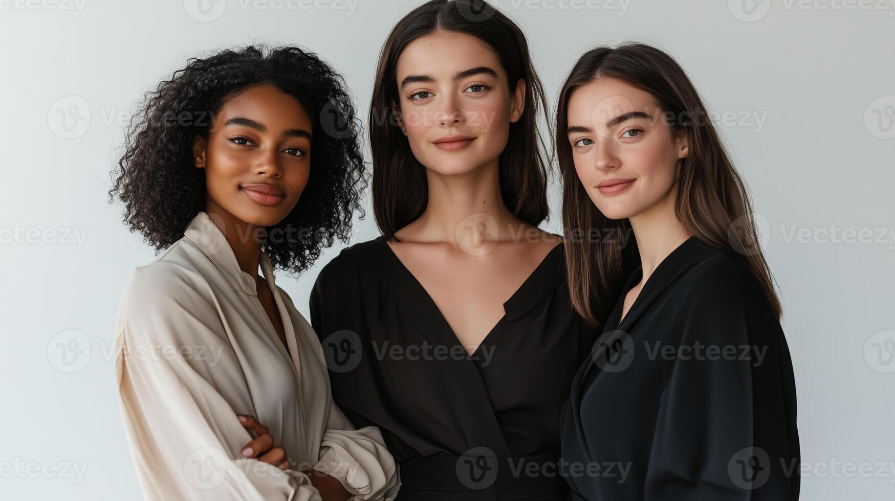 Three women showcase diverse beauty and style in a minimalist studio setting during a fashion photoshoot photo