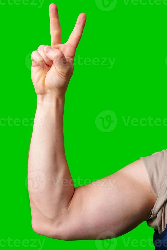 A strong arm making a peace sign against a vibrant green background photo