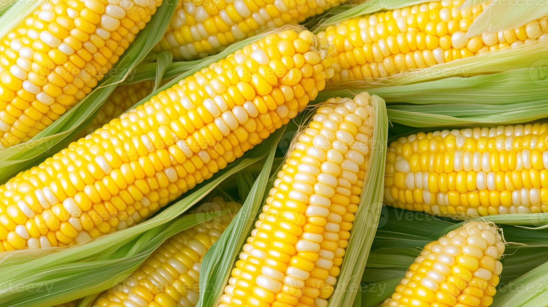 Freshly harvested corn cobs with husks showcasing vibrant yellow kernels in a farm setting photo