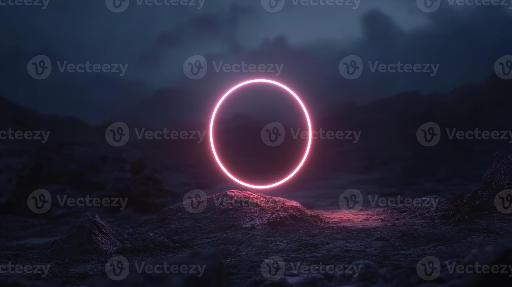 Ethereal glowing circle illuminates a rocky landscape under a twilight sky in a surreal setting photo