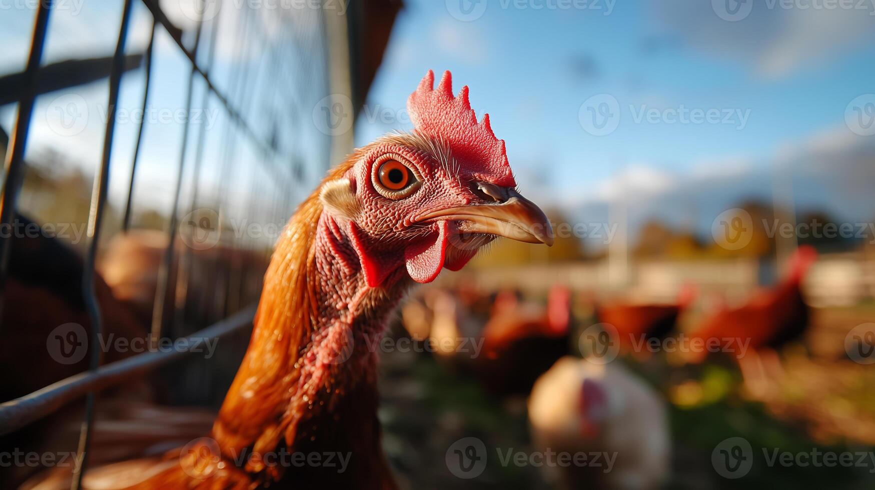 Brown hen forages in a free-range farm setting during golden hour near the countryside photo