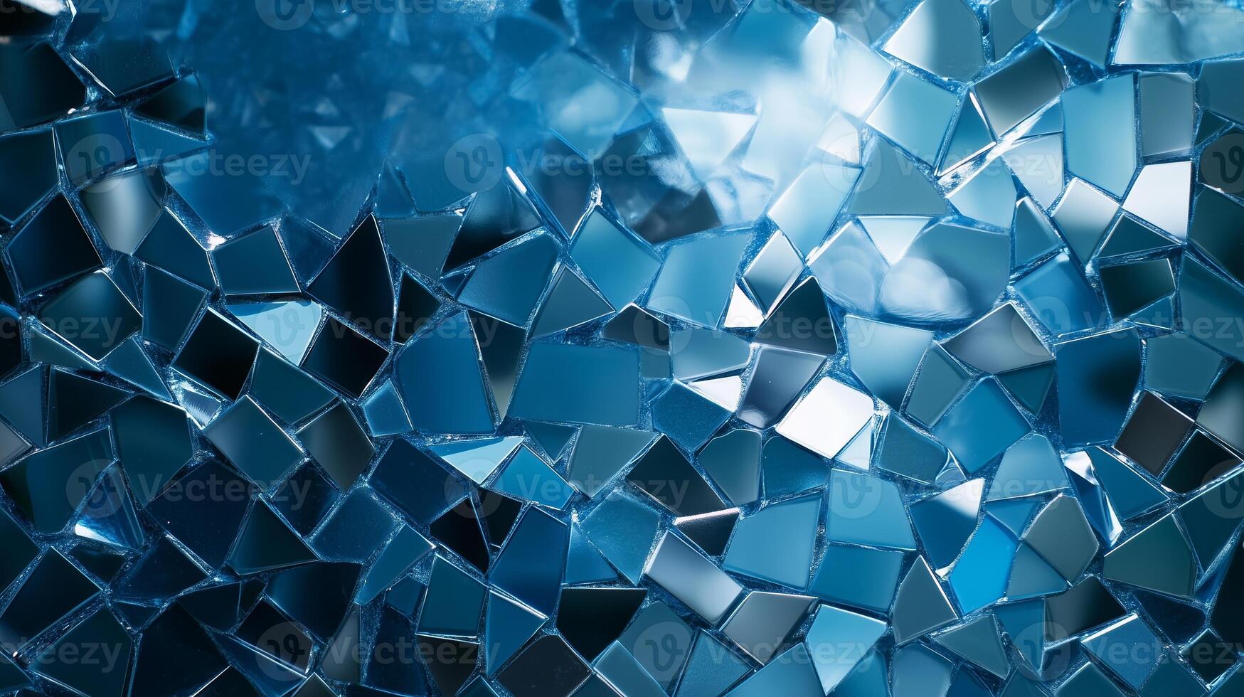 Shimmering blue mosaic created by scattered glass pieces reflecting light in various angles photo
