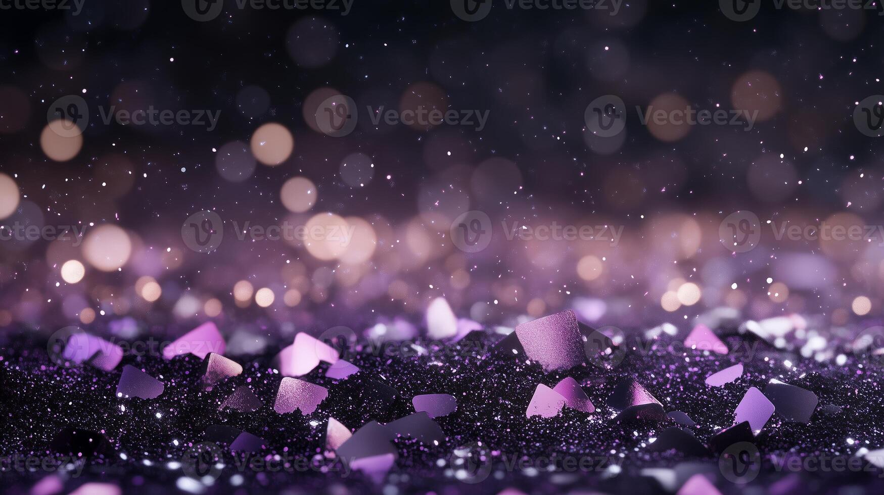 Bokeh background with purple and black shimmering fragments in soft light photo