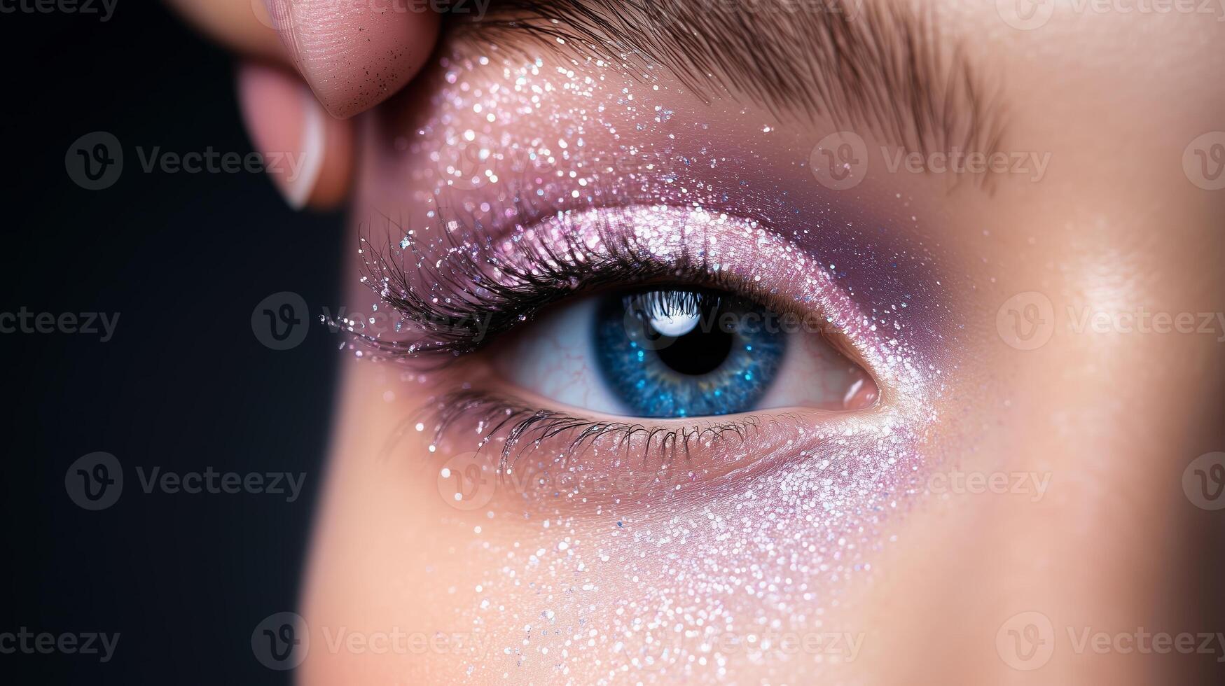 Close-up of a beautiful eye adorned with sparkling makeup highlighting vibrant blue iris and shimmering cosmetics photo