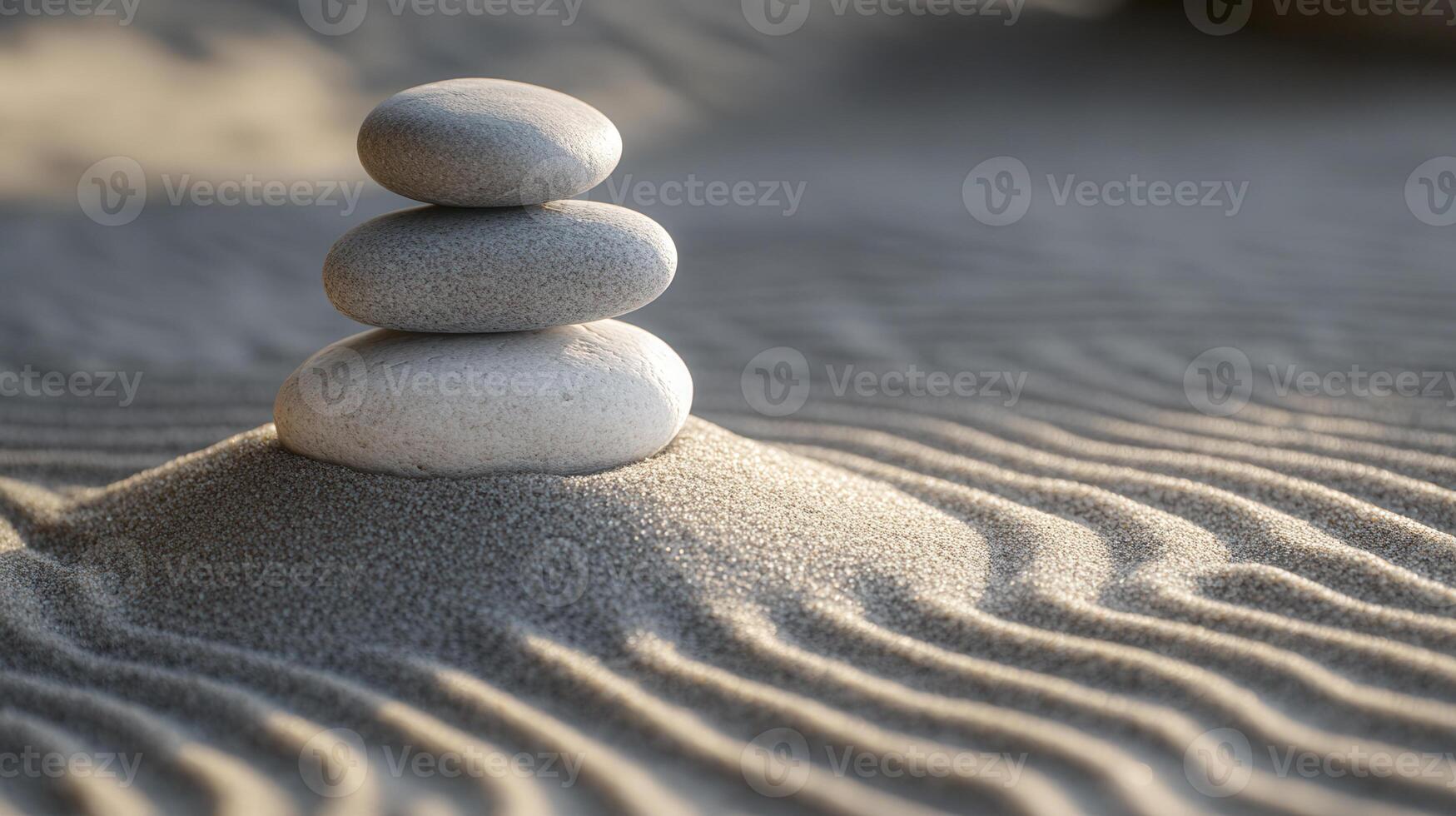A serene arrangement of three stones resting atop a sand mound with gentle ripples, showcasing tranquility in a natural setting photo