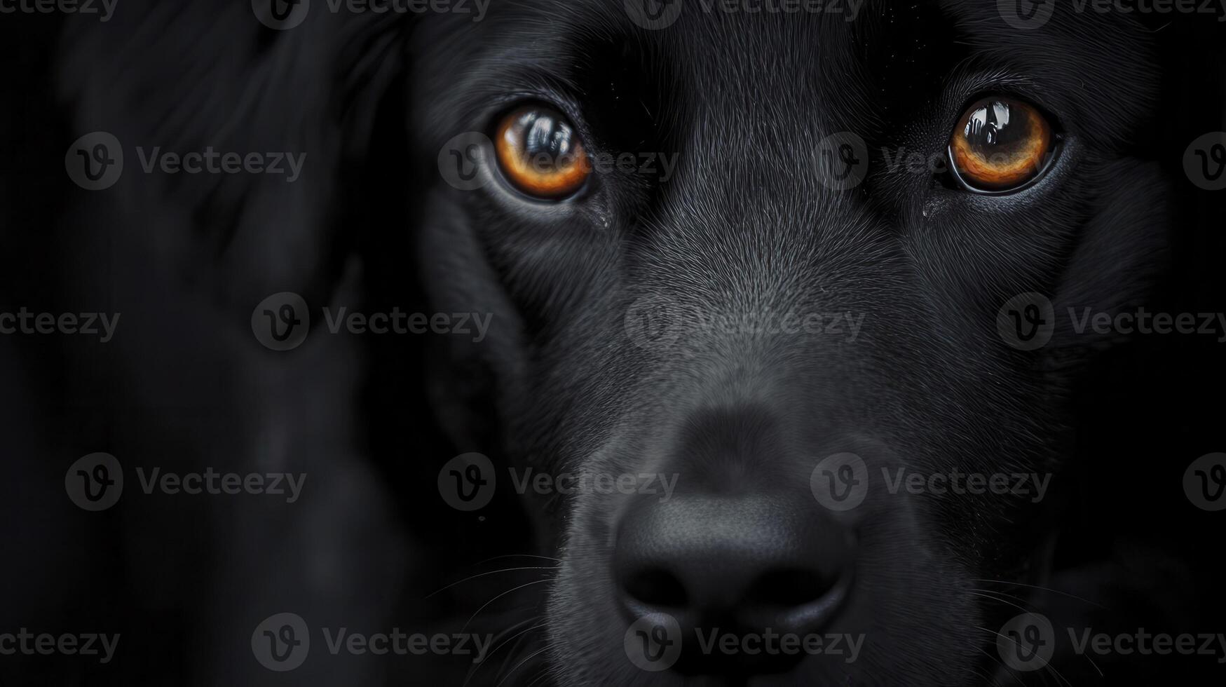 Close-up of a black dog's face with expressive amber eyes against a dark background in a tranquil setting photo