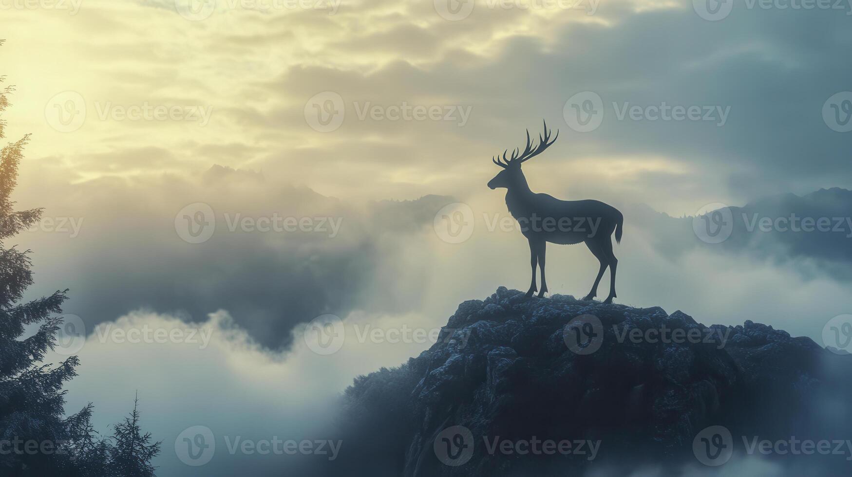Majestic stag stands on rocky outcrop while mist envelops the valley during sunrise in a serene mountain landscape photo