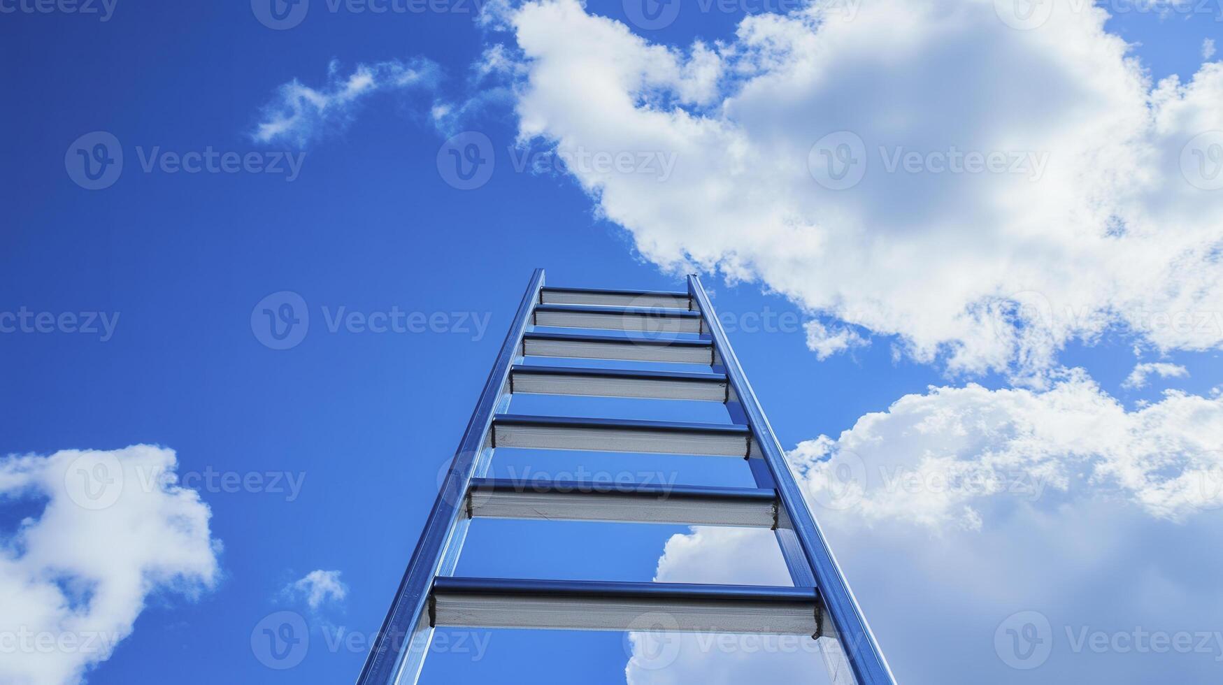 Bright blue sky with fluffy clouds and a metallic ladder reaching upward, symbolizing aspirations and dreams in a serene setting photo