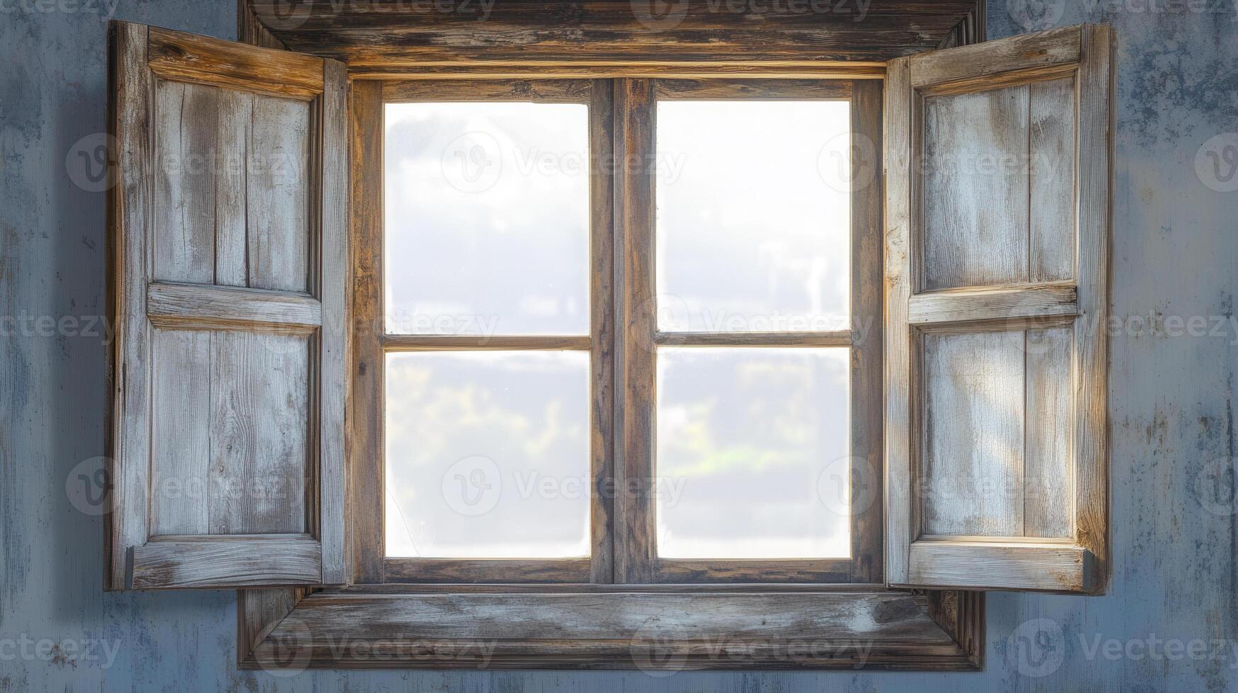 Bright sunlight streaming through an open wooden window in a rustic interior setting with weathered walls photo