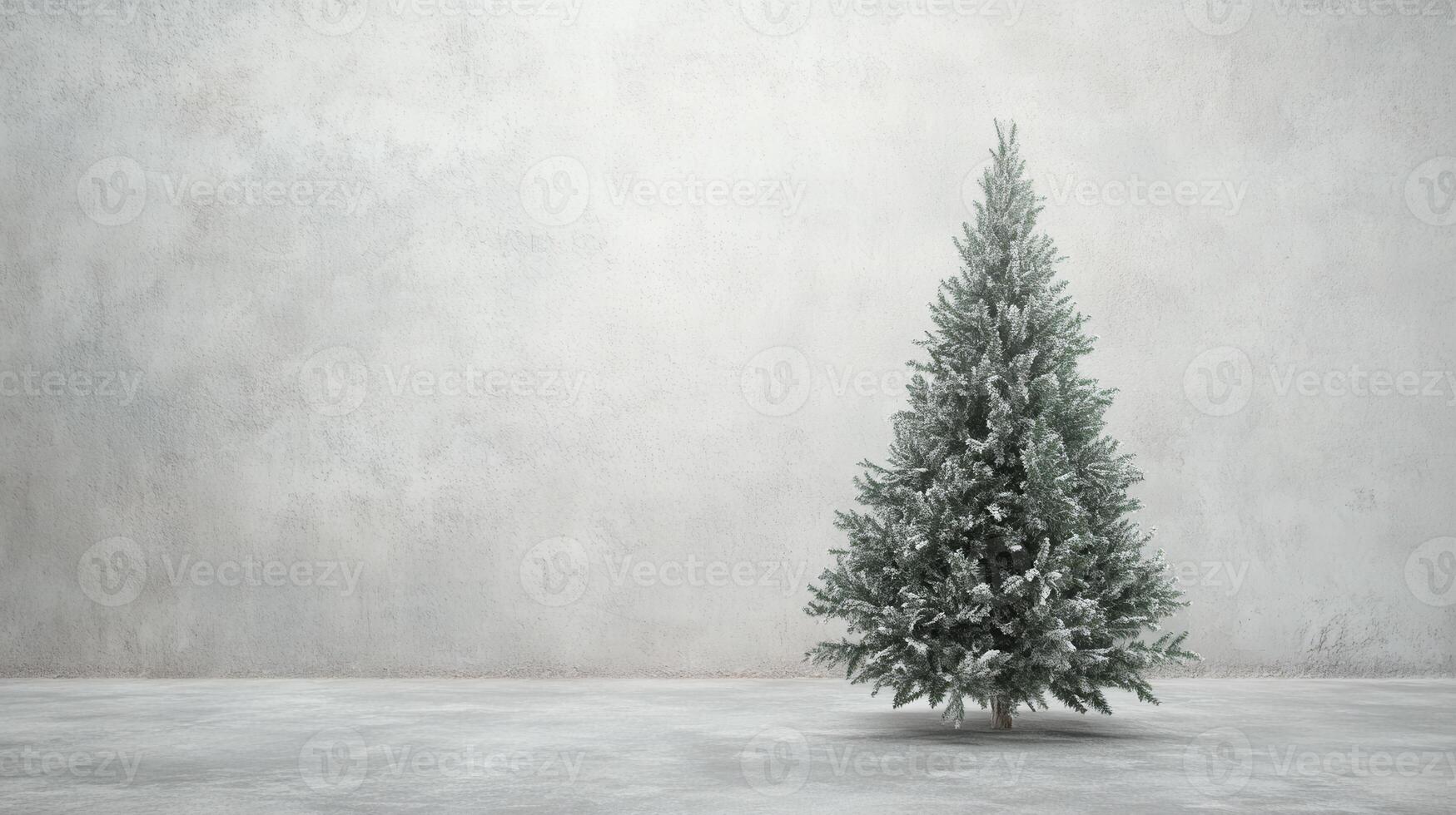 A beautifully decorated Christmas tree stands alone in a minimalist room with a light gray background, creating a serene holiday atmosphere photo