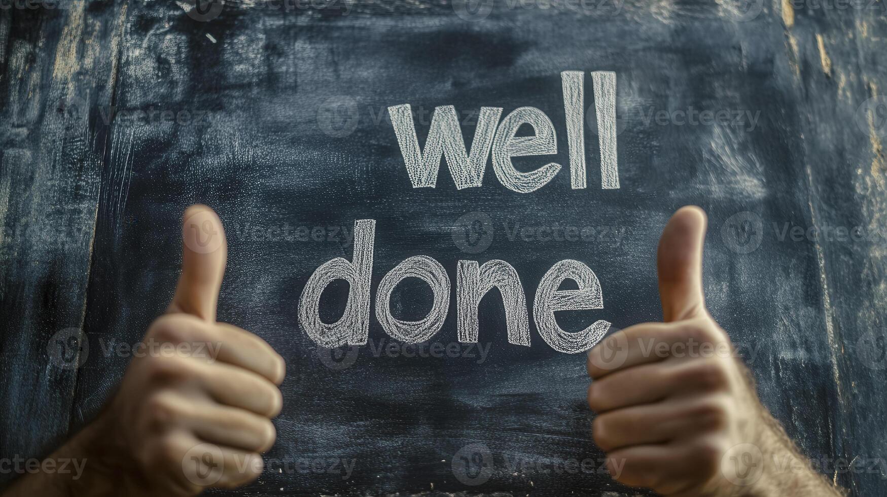 Individuals celebrating success with thumbs up in front of a chalkboard displaying the words well done photo