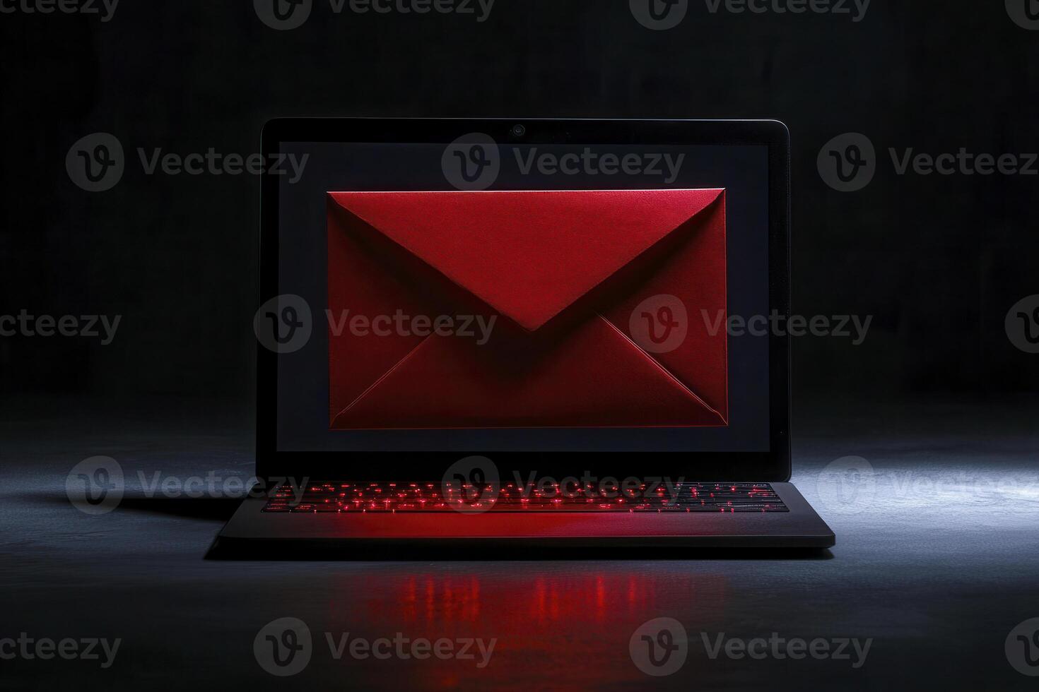 A glowing red envelope displayed on a laptop in a dark setting, highlighting digital communication in a modern workspace photo